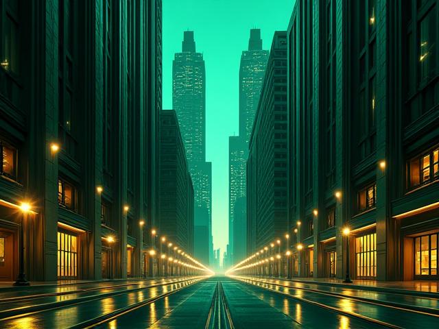 Art Deco-inspirert bylandskap med geometriske former og gylne aksenter, av Bjørn Hansen.