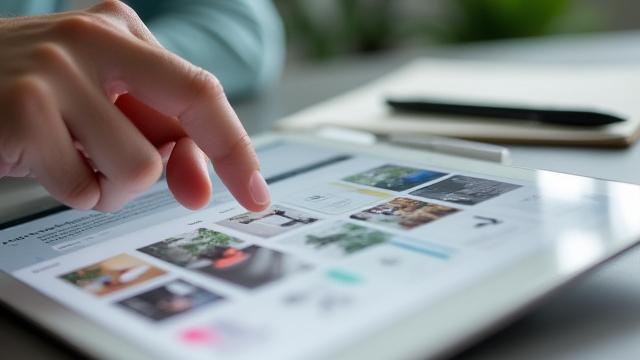 Fokus på detaljer av et designprosjekt på en iPad, med hendene til en konsulent som gir tilbakemelding, illustrerer en portefølje anmeldelse