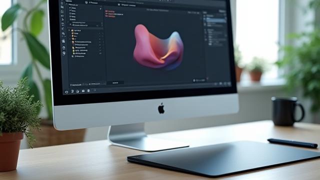 Skrivebord med en grafikkprogramvare åpen på en dataskjerm, som illustrerer et online kurs i digital design